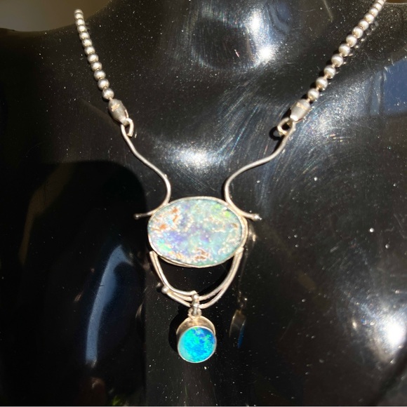 Vintage Unique Roman Glass and Opal Sterling Silver Necklace on Ball Chain - Picture 11 of 14